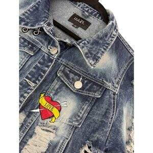 Dazl Distressed Grunge Rock Ripped 80s Denim Embroidered Patches Jean Jacket 2X